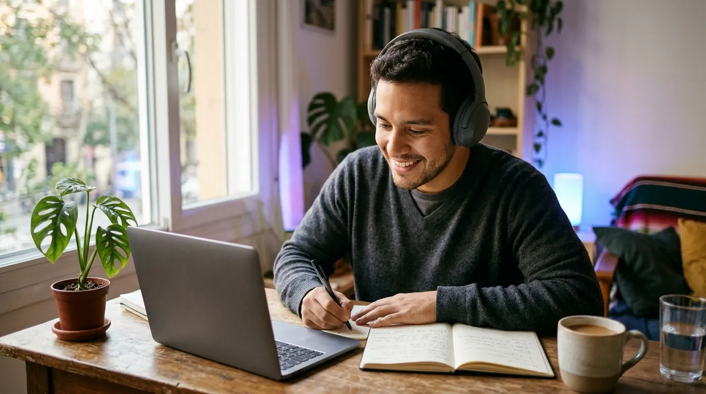 Joven con auriculares toma apuntes en un cuaderno mientras sigue una clase en línea desde su laptop