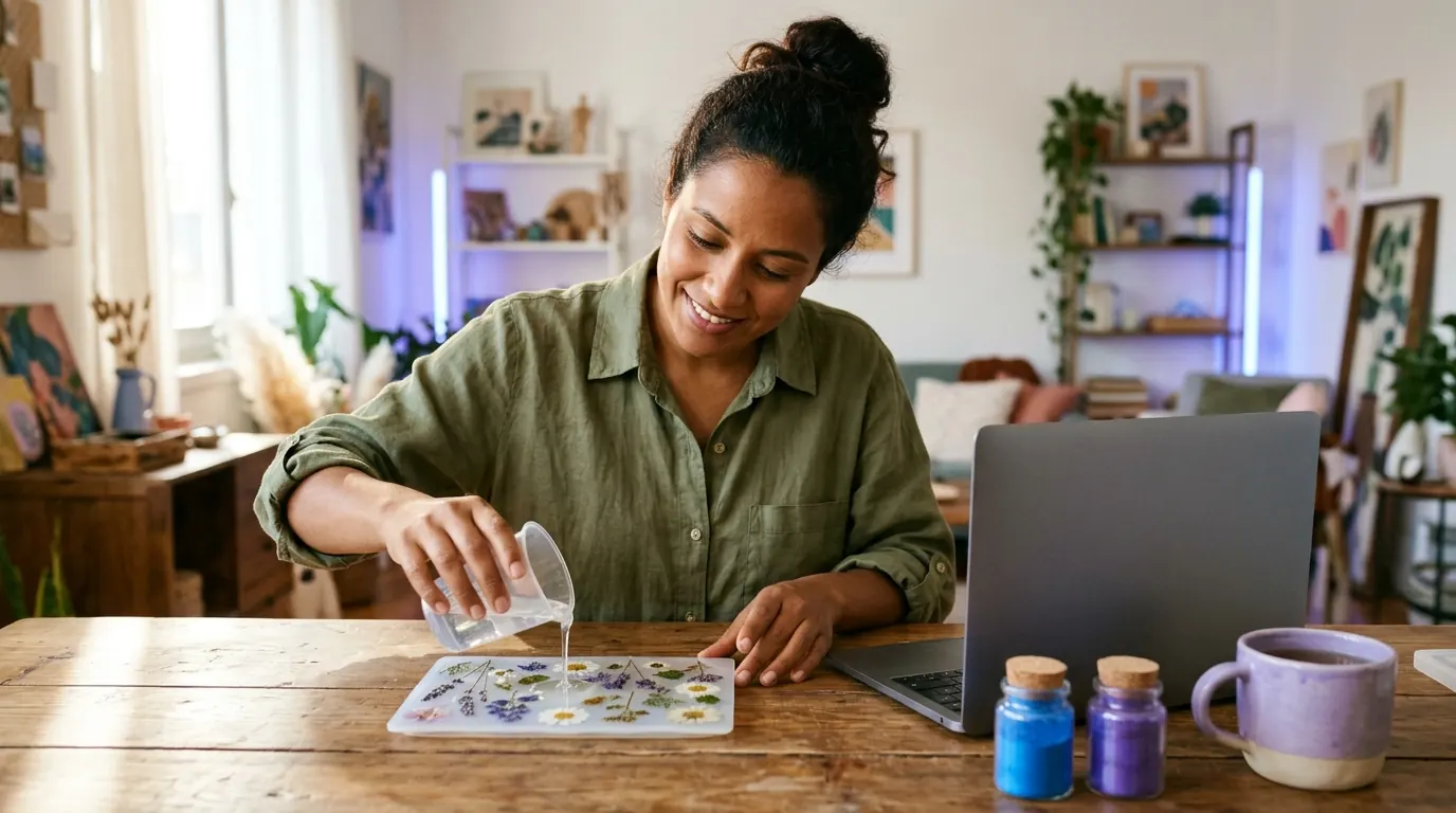 Mujer sonriente vierte resina transparente sobre un molde con flores secas en una mesa de madera junto a su laptop