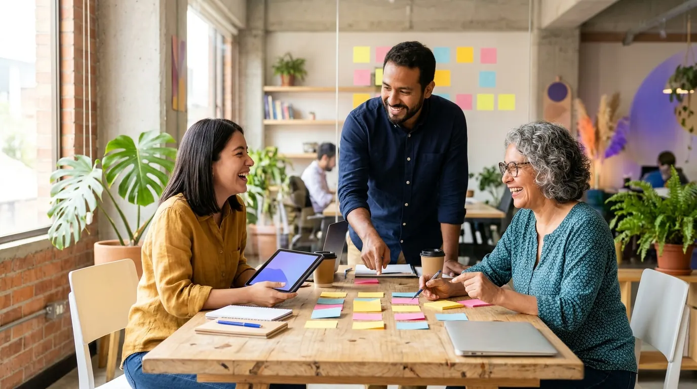 Equipo de tres emprendedores planifica en una mesa con una tableta y notas adhesivas de colores